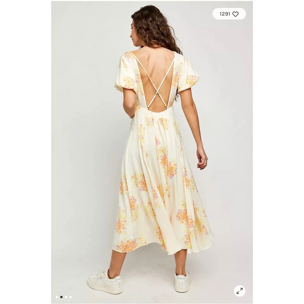Free People Laura Printed Midi Dress "Tea Combo" size M - Picture 2 of 3